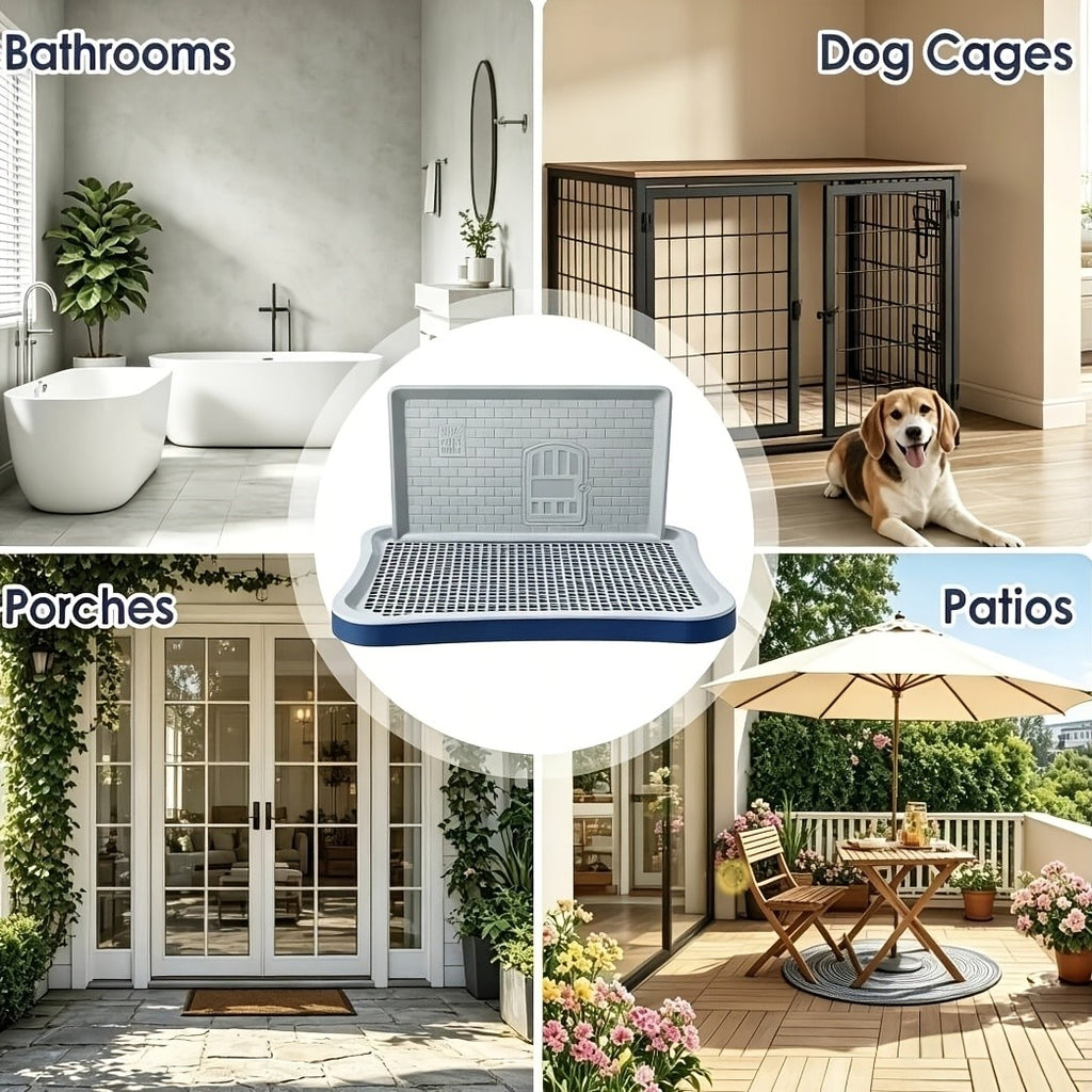 Dog Potty Tray with Tall Splash Guard, 20 x 15.4 Inch Navy Blue Indoor Puppy Toilet with Removable Grate for Small Dog House Training