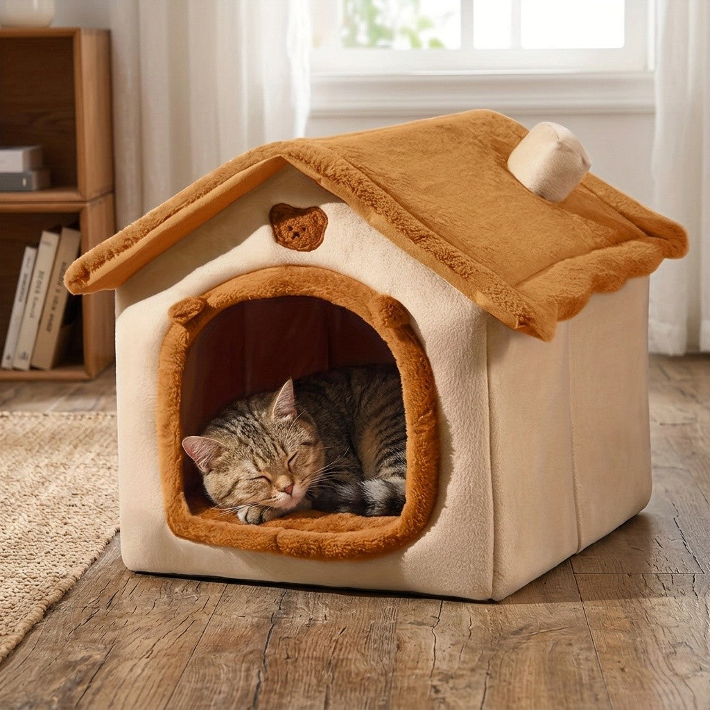 Cat House Bed with Cabin-Style Roof, Detachable Washable Oxford Fabric Pet Hideaway in Three Sizes for Indoor Cats and Small Dogs