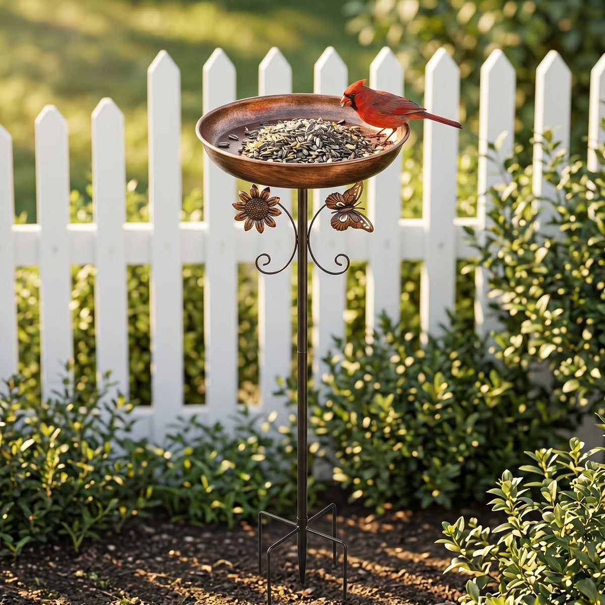 Bronze Metal Bird Bath with Flower and Butterfly Accents, Five-Prong Ground Stake Garden Basin with Single Layer and Set Options for Outdoor Yard Decor