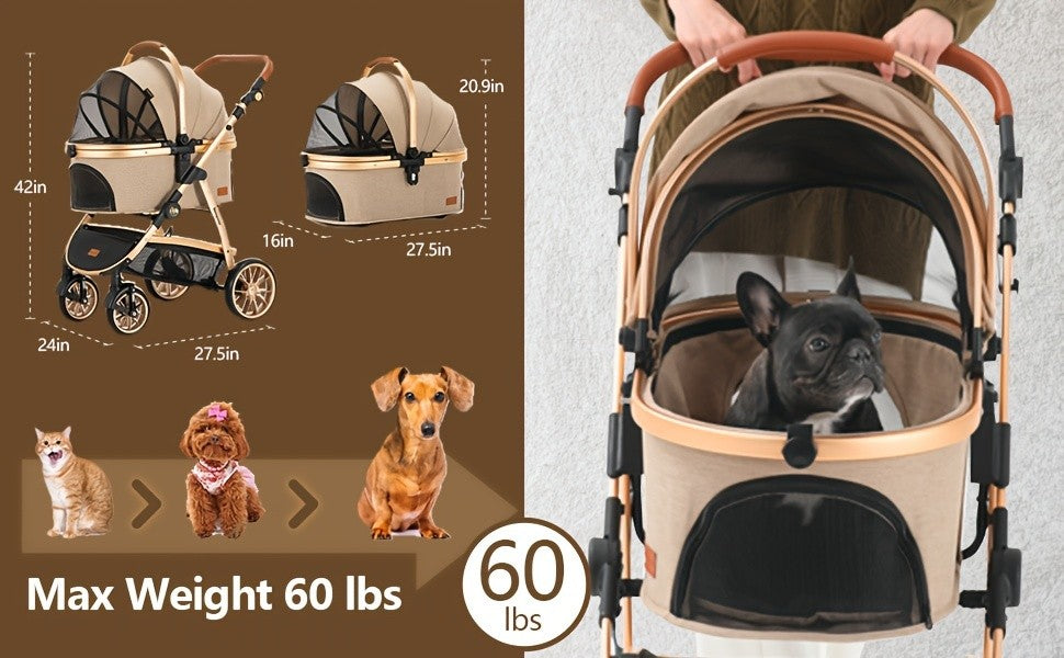 Dog Stroller with Detachable Carrier, Foldable Aluminum Pet Pushchair with No-Zip Entry, Rubber Wheels and Washable Liner for Small Dogs and Cats