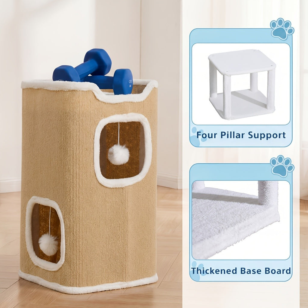 Cat Condo Cube Tower for Indoor Cats, Space-Saving Cat House Bed with Hanging Plush Ball, One to Three Stories in Beige, Coffee or Light Gray