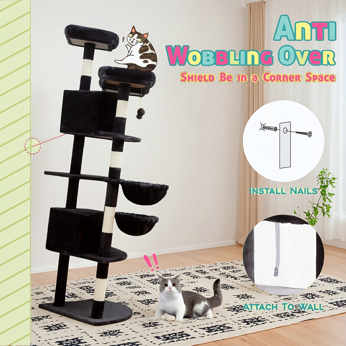 Cat Tree 73 Inch Fan-Shaped Tower for Indoor Cats with Plush Perches, Sisal Scratching Posts, Hammock and Baskets for Climbing and Rest