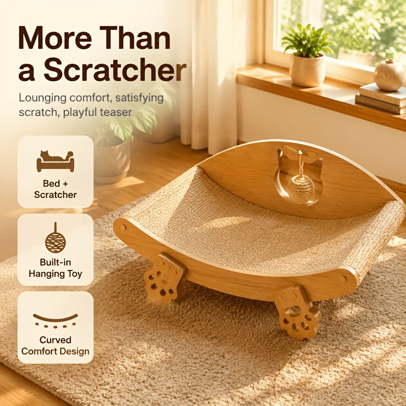 Sisal Cat Scratcher Bed with Solid Wood Frame, Curved Indoor Cat Lounge Chair and Scratching Pad with Hanging Toy for Rest and Play