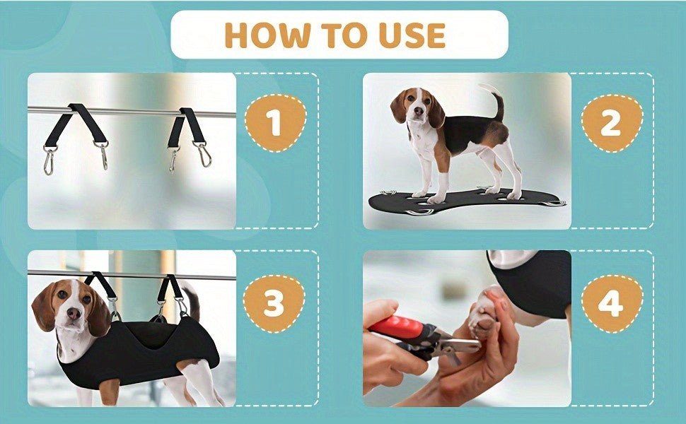 Dog Grooming Hammock with Nail Trimmer for Small to Large Dogs, Sturdy & Safe Grooming Harness Sling with Durable Carabiner Clips & Straps for At-Home Nail Trimming, Bathing & Coat Care, XS-L