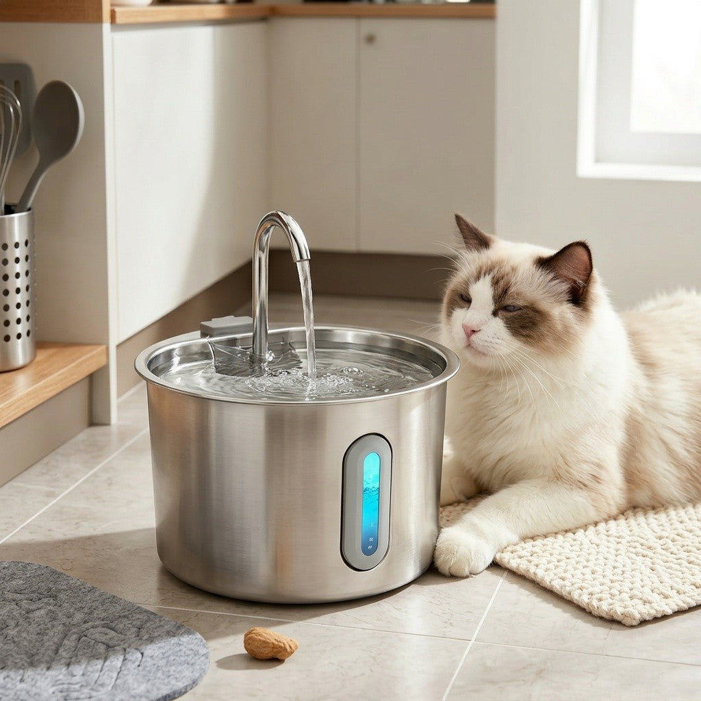 Cat Water Fountain with Filter and Sponge Bundles, 74oz 2.2L Stainless Steel Drinking Dispenser with Water Level Window for Indoor Cats and Small Dogs