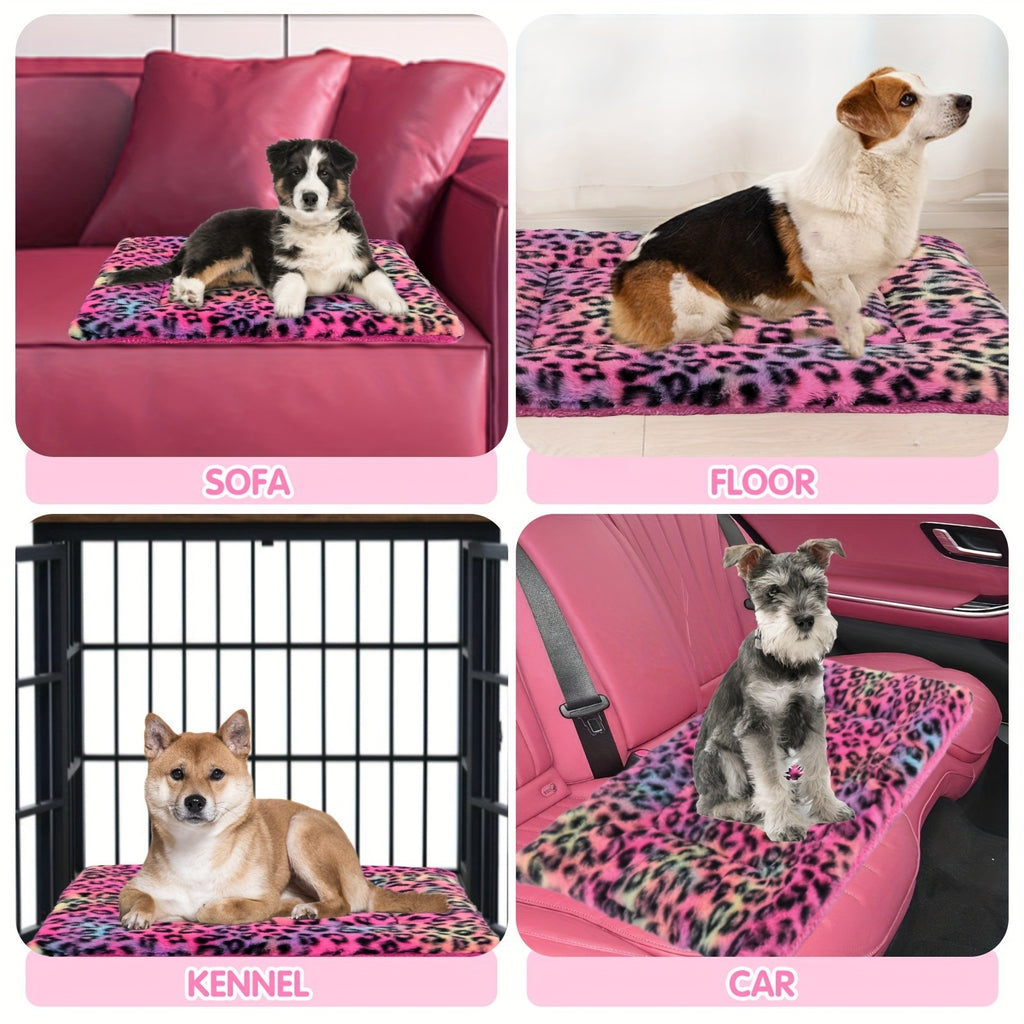 Reversible Dog Crate Mat with Leopard Print, Machine Washable Plush Pet Sleeping Pad for Dogs and Cats, Foldable Fleece Cushion in S to XL