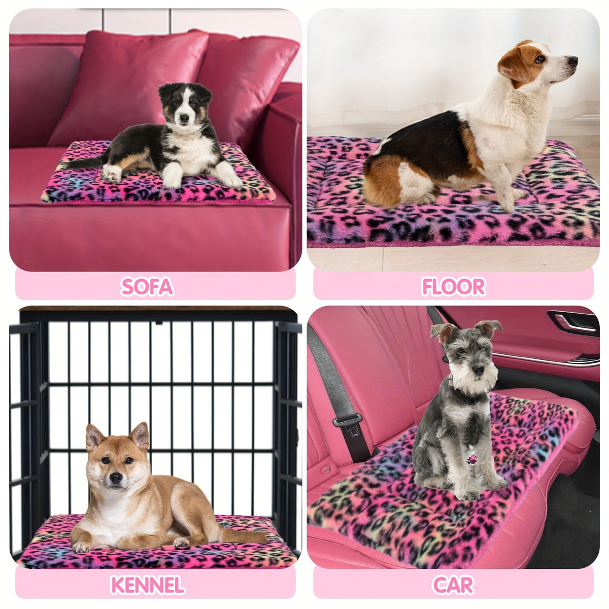 Reversible Dog Crate Mat with Leopard Print, Machine Washable Plush Pet Sleeping Pad for Dogs and Cats, Foldable Fleece Cushion in S to XL