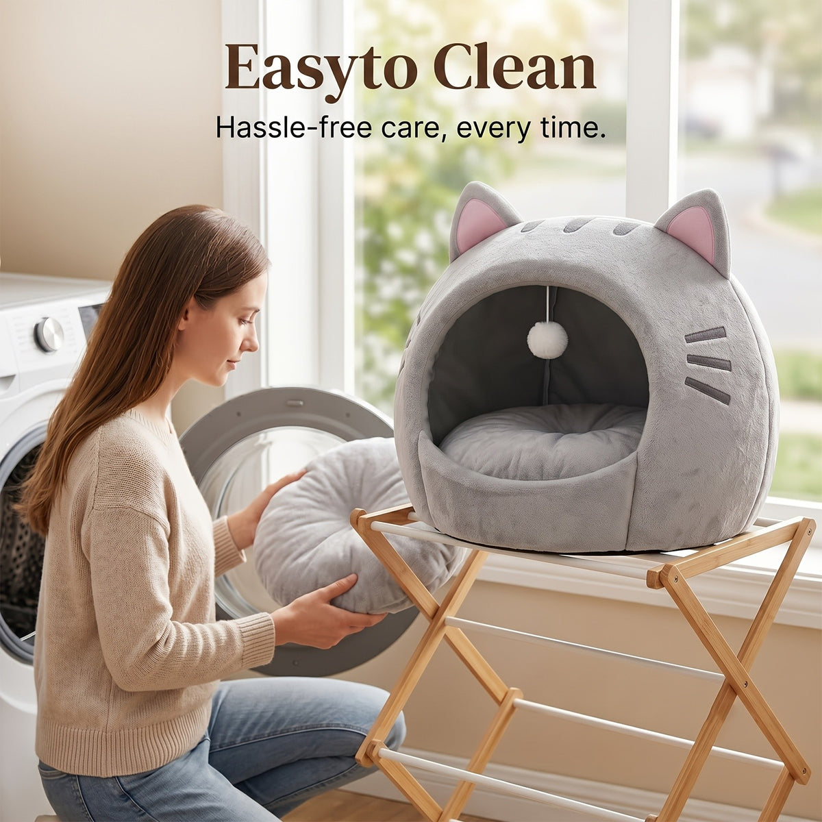 Enclosed Cat Bed with Washable Cushion, Gray Plush Cat Tent with Hanging Toy Ball, S to XL Indoor Cat House with Included Pet Bandana