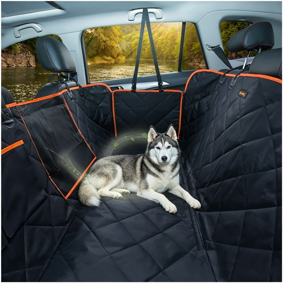 Heavy Duty Dog Car Seat Cover with Side Flaps, Non-Slip Nylon Backseat Protector with Orange Edge or Black Mesh Zipper Style for SUVs, Sedans and Trucks
