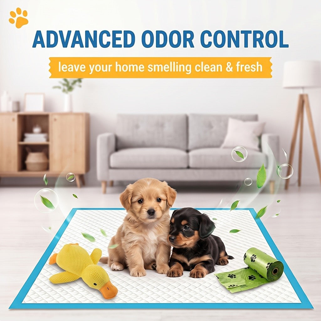Puppy Potty Pads with Bonus Bags or Duck Toy, Extra Large Absorbent Leakproof Dog Pee Pads for Indoor House Training and Everyday Accidents
