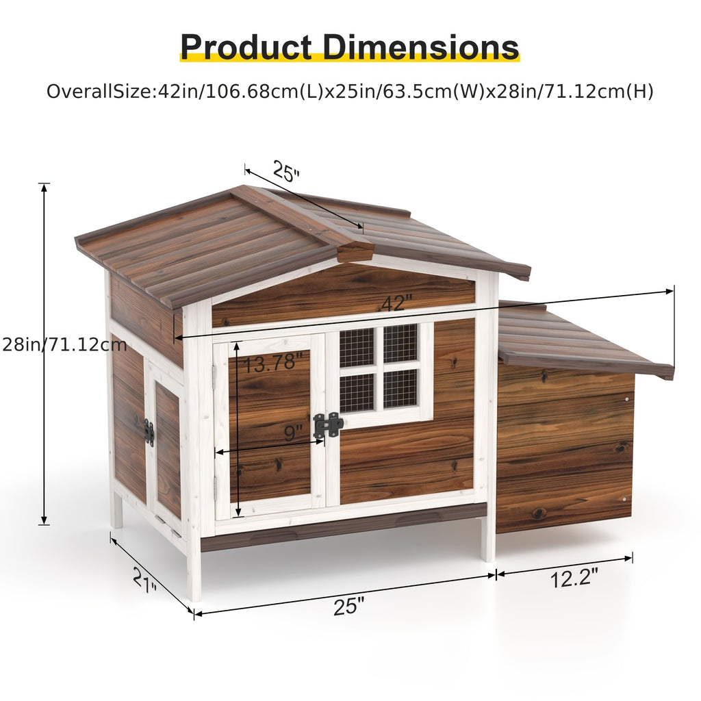 Chicken Coop Outdoor Wooden Hen House with Nesting Box, Ramp, Removable Tray and Lockable Doors, Elevated Fir Wood Poultry Hutch with Sloped Asphalt Roof, 42 x 25 x 28 Inches