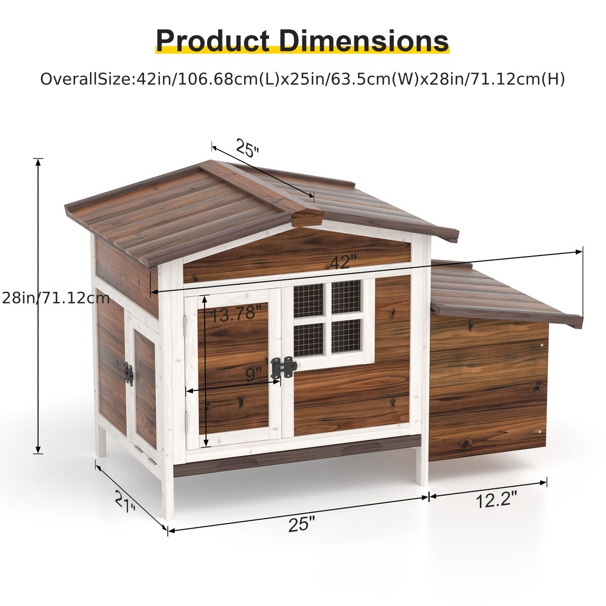 Chicken Coop Outdoor Wooden Hen House with Nesting Box, Ramp, Removable Tray and Lockable Doors, Elevated Fir Wood Poultry Hutch with Sloped Asphalt Roof, 42 x 25 x 28 Inches