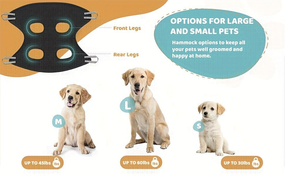 Dog Grooming Hammock with Nail Trimmer for Small to Large Dogs, Sturdy & Safe Grooming Harness Sling with Durable Carabiner Clips & Straps for At-Home Nail Trimming, Bathing & Coat Care, XS-L