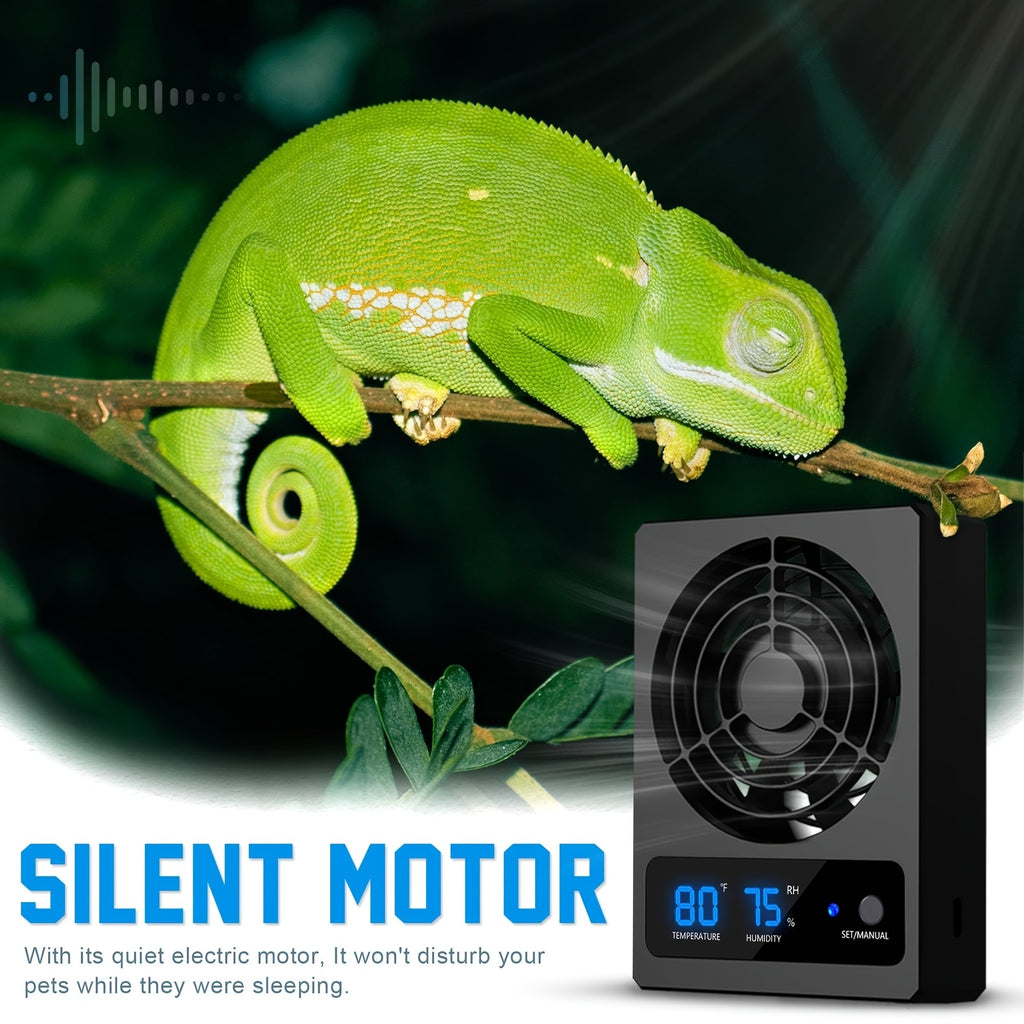Reptile Climate Controller with Digital Thermometer and Hygrometer, Automatic Dehumidifying Ventilation Fan and High-Temperature Alarm for Terrariums