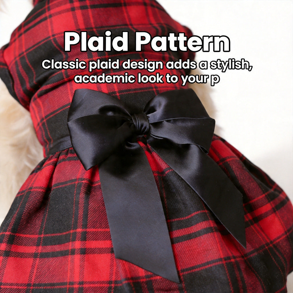 Plaid Dog Dress with Bow for Dogs and Cats, Red Academic Style Pet Outfit in XS–XXL with Random Poop Bag Dispenser and 4 Bells