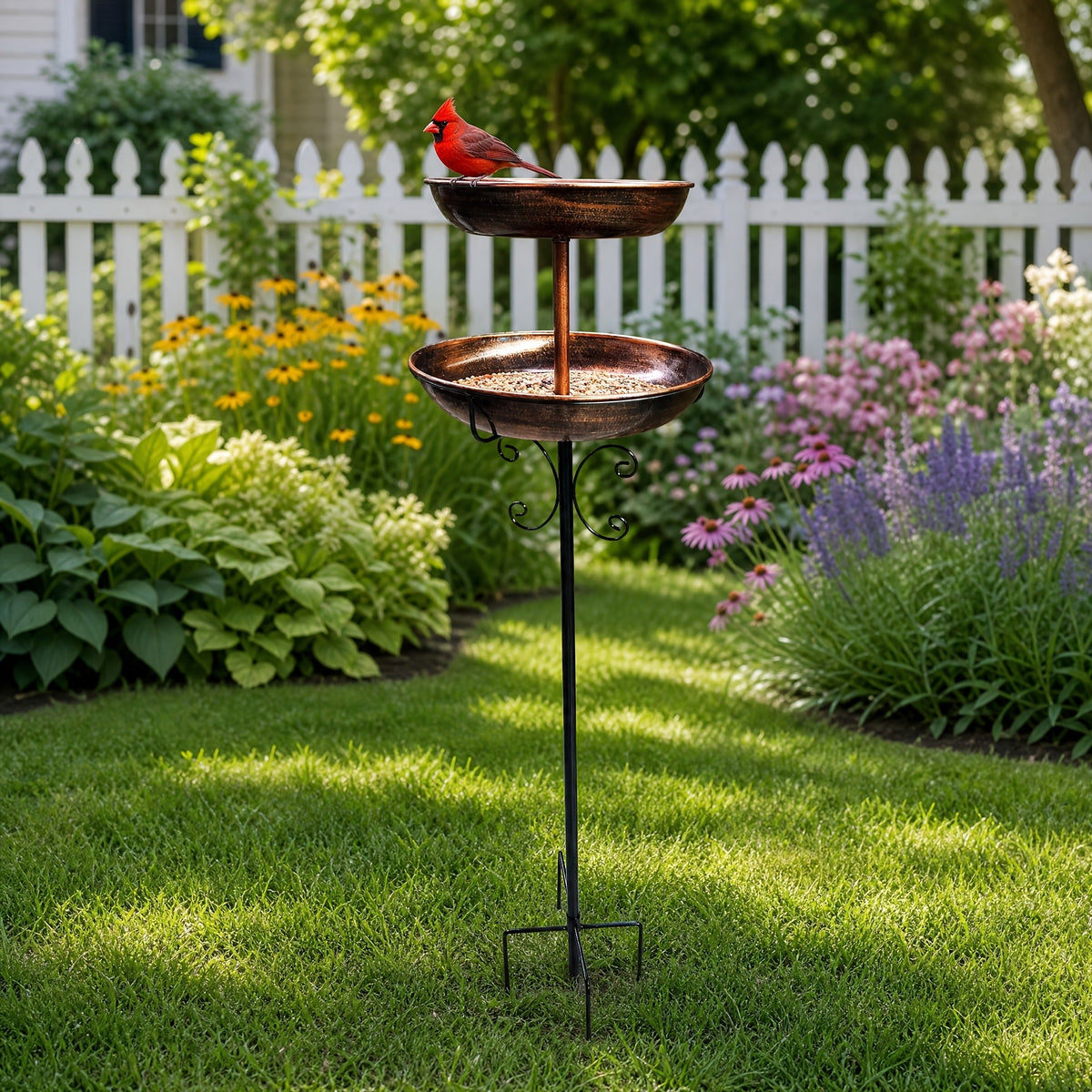 Bird Bath with Removable Metal Basin and Scrollwork Stand, Five-Prong Garden Stake for Outdoor Water or Seed, Single and Double-Layer Options