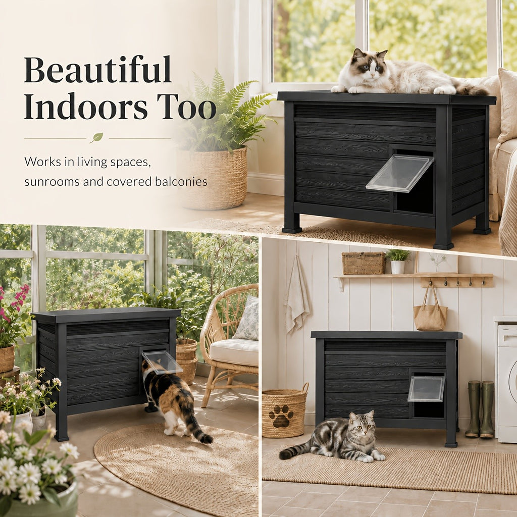Elevated Cat House with Opening Roof, Black Raised Pet Shelter with Ventilation and Access Door for Covered Porches and Backyard Resting Areas
