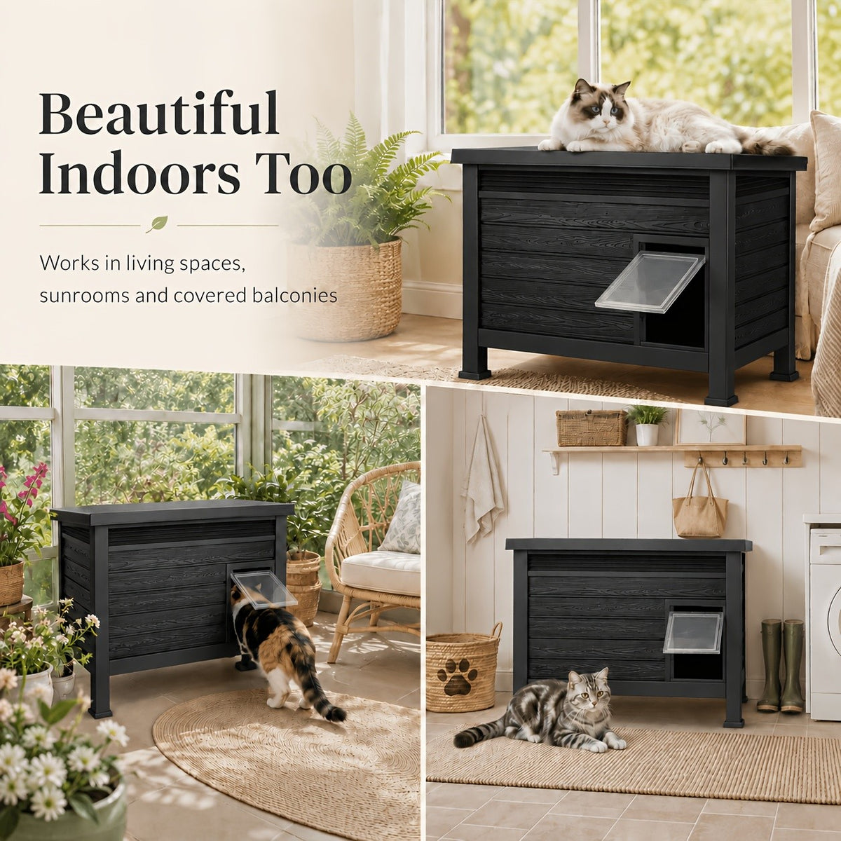 Elevated Cat House with Opening Roof, Black Raised Pet Shelter with Ventilation and Access Door for Covered Porches and Backyard Resting Areas