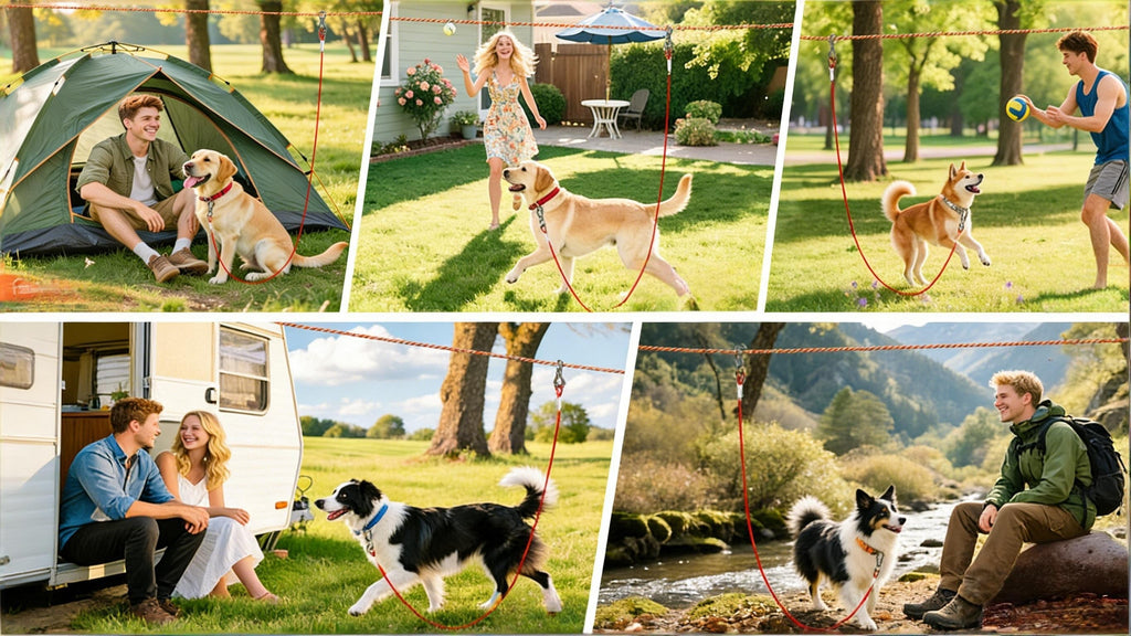 Dog Trolley System for Camping, 50/75/100ft Reflective Overhead Tie-Out Cable Run for Dogs up to 200lbs, Portable Dog Lead for Yard and Parks, Orange/Green/Blue