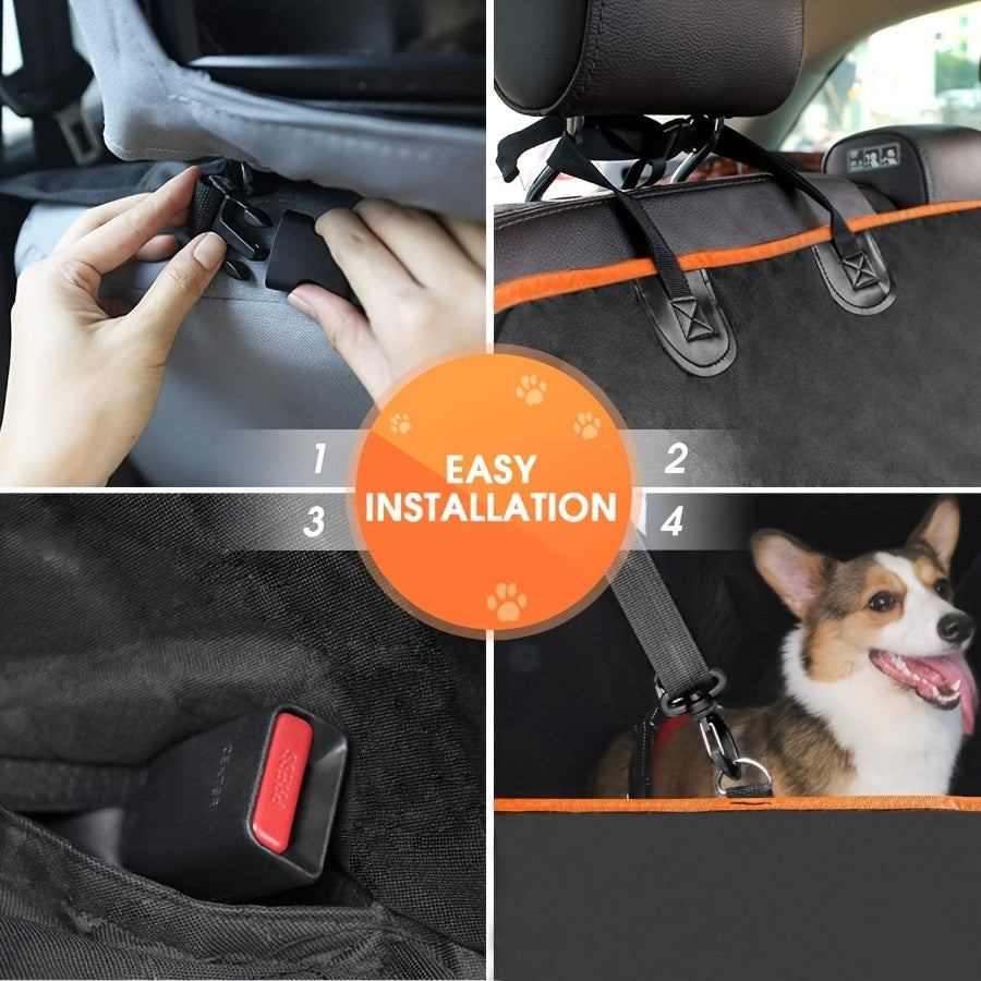 Heavy Duty Dog Car Seat Cover with Side Flaps, Non-Slip Nylon Backseat Protector with Orange Edge or Black Mesh Zipper Style for SUVs, Sedans and Trucks