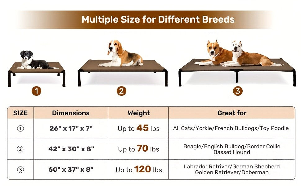 Outdoor Dog Cot with Textilene Mesh, Elevated Pet Bed in 26, 42 and 60 Inch Sizes with Iron Frame and Non-Slip Feet for Patio and Camping
