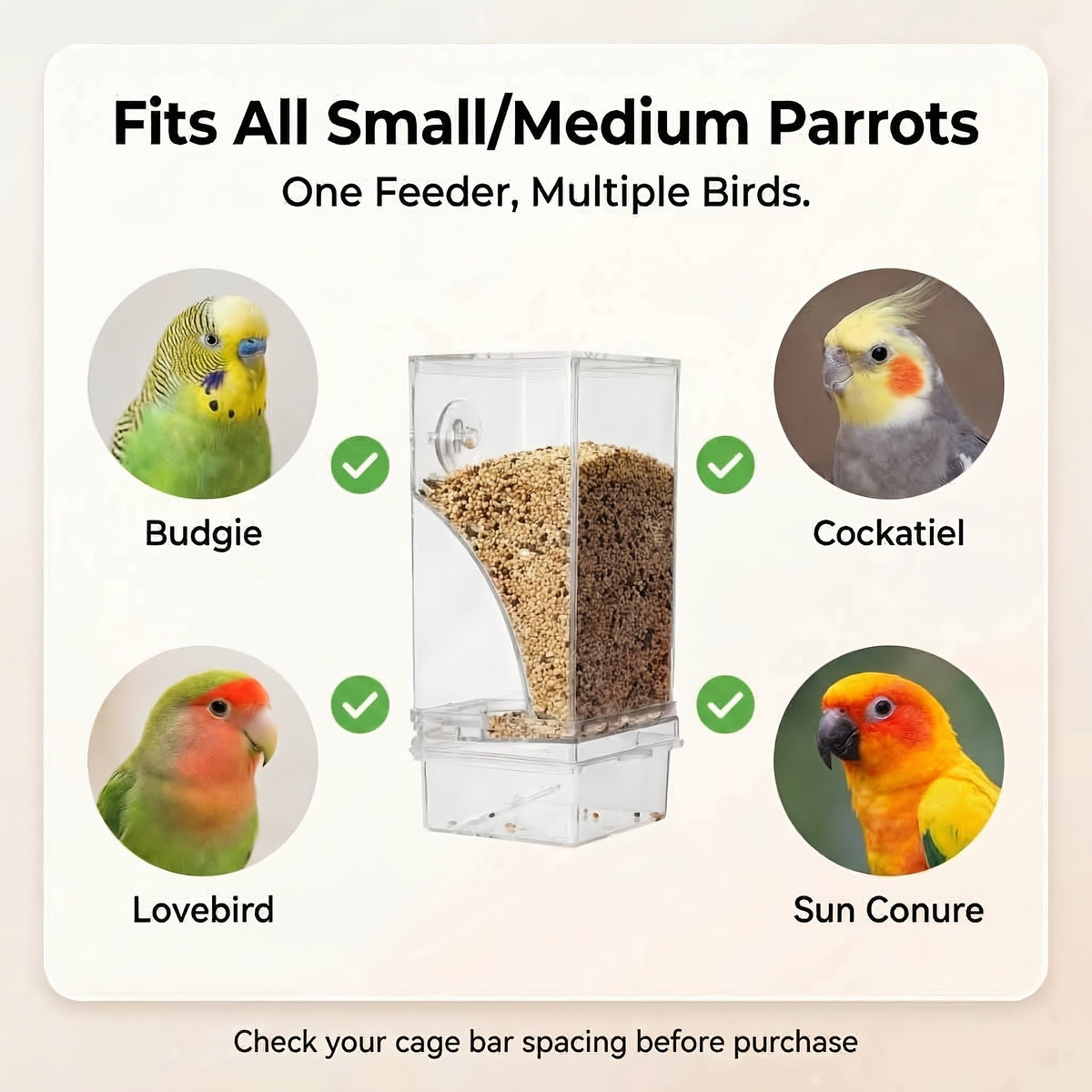 Automatic Bird Cage Feeder with Catch Tray, Transparent Acrylic Seed Dispenser with Angled Feeding Port and Cage Mount for Everyday Pet Bird Care