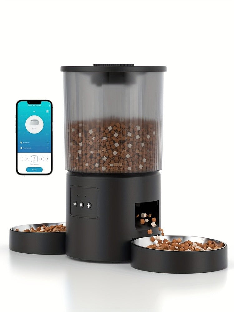 Automatic Cat Feeder for Two Cats, 4.5L WiFi App-Controlled Dry Food Dispenser with Double Bowls and Timed Feeding for Multi-Pet Homes