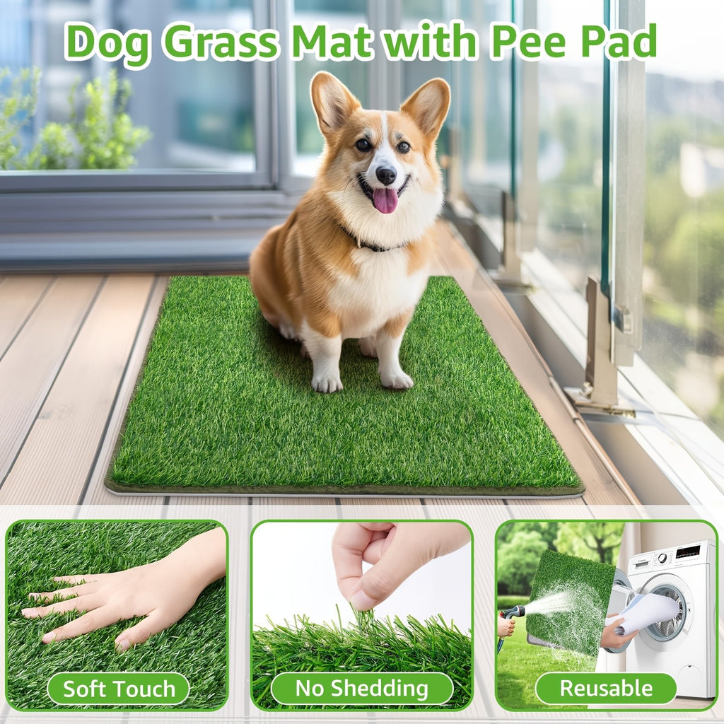 Dog Grass Potty Tray with Two Washable Turf Mats, 3-Layer Artificial Grass Puppy Toilet with Drainage Grate for Indoor and Outdoor Training