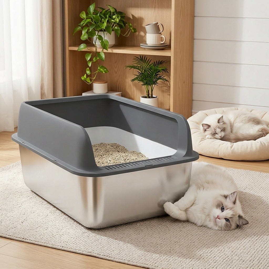 High-Sided Stainless Steel Cat Litter Box with Snap-Lock Design, Easy-Clean Metal Litter Tray for Indoor Cats, Black and Gray Options