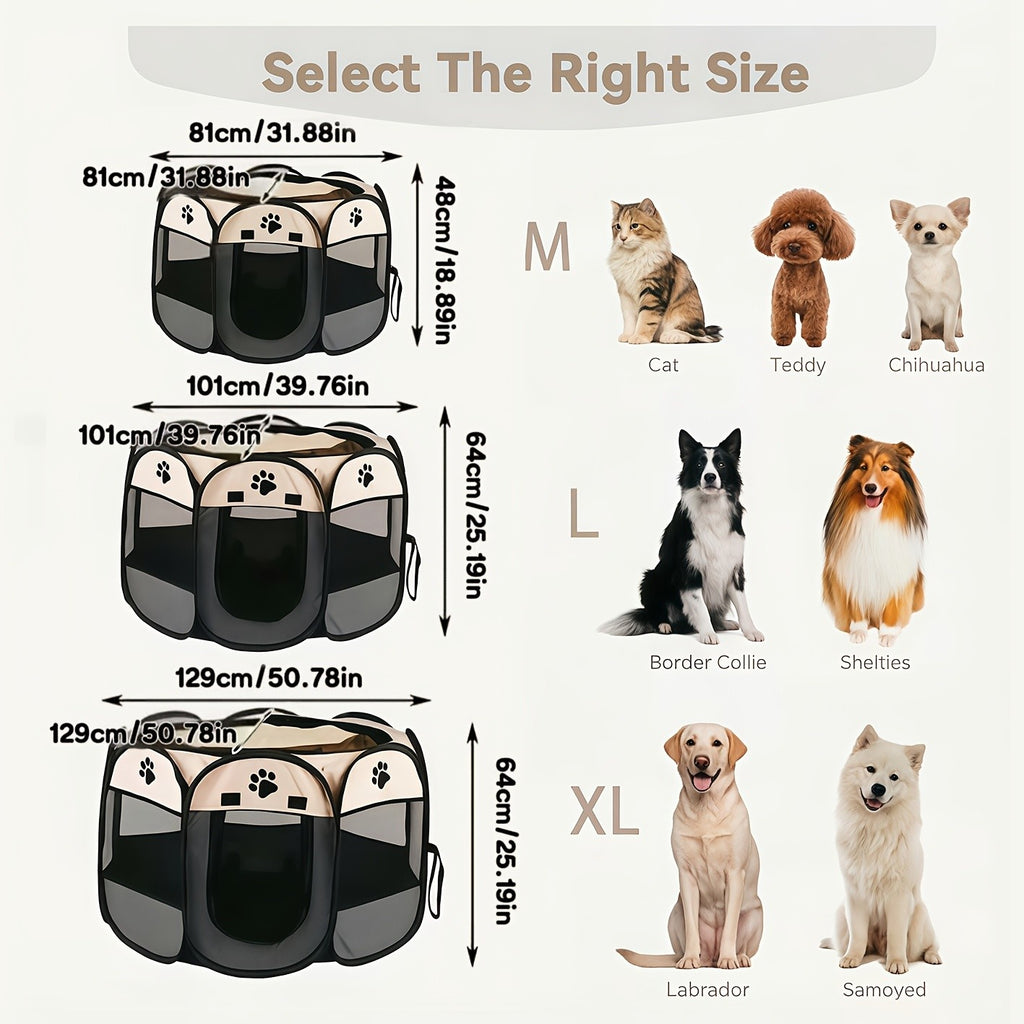 Portable Pet Playpen in Beige Gray, Foldable Octagonal Oxford Fabric Tent for Dogs, Cats and Puppies, Indoor Outdoor Travel Enclosure in M1, L2 or XL3