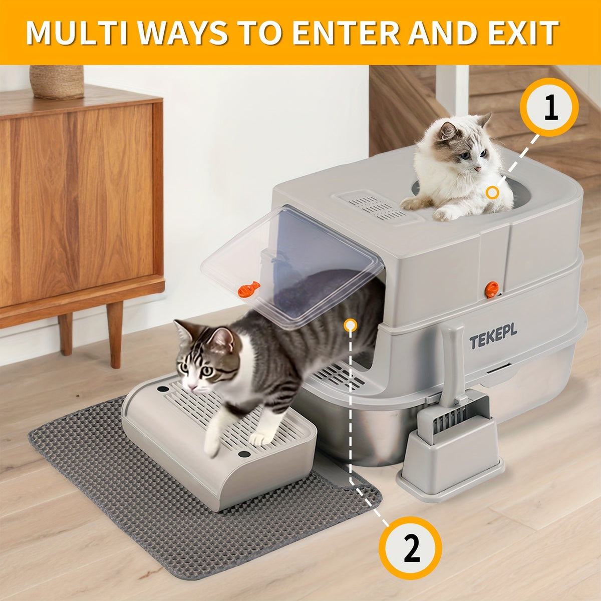 Modular Stainless Steel Cat Litter Box with Lid, Extra Large High-Sided Enclosed or Semi-Open Cat Toilet with Step, Mat and Scoop