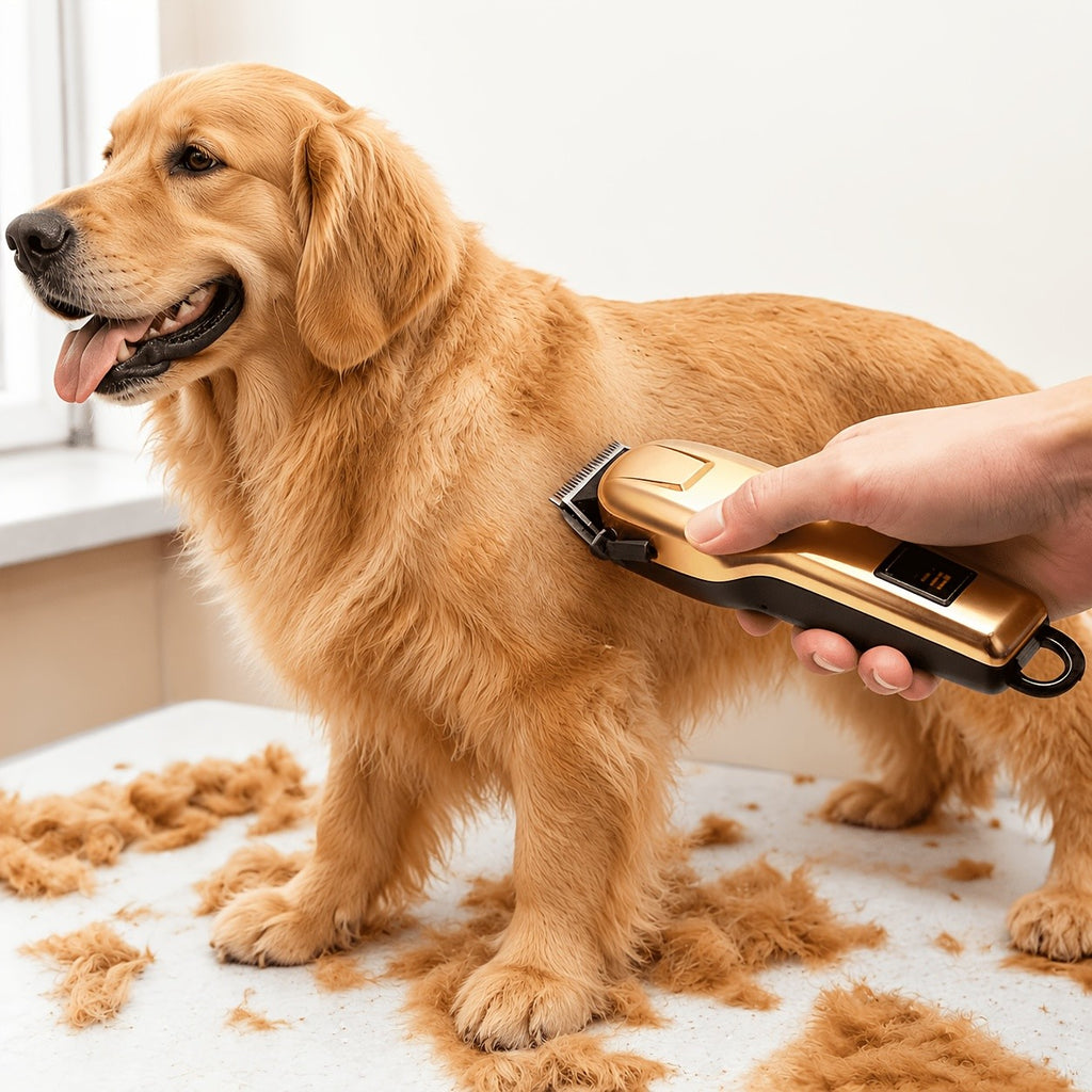 Cordless Pet Hair Clippers with 4 Guide Combs, Rechargeable Low-Noise Dog and Cat Grooming Trimmer with Ergonomic Grip in Golden or Pink