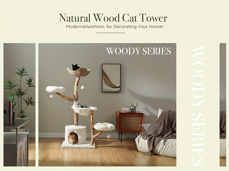 Flower Cat Tree with Floral Perches and Scratching Posts, Wooden Bohemian Indoor Cat Tower Furniture in White and Brown Style Options