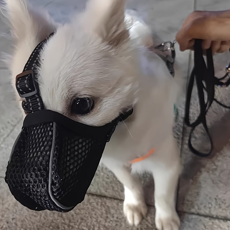 Full Coverage Mesh Dog Muzzle Mask 2-Pack in Black, Reflective Polyester Design with Adjustable Straps for Supervised Grooming and Vet Visits