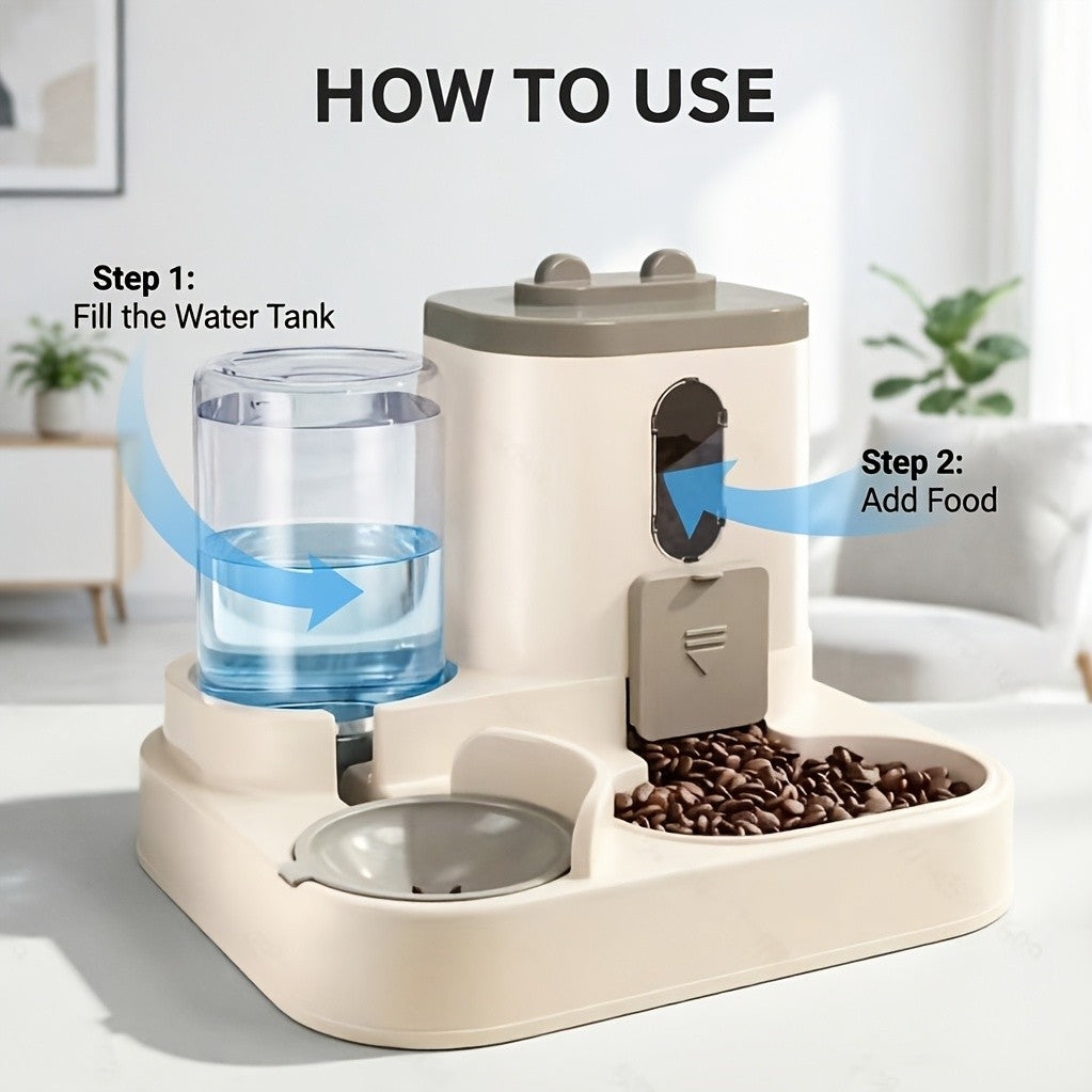 Automatic Pet Feeder 2-in-1 for Cats and Dogs, Non-Electric Space-Saving Feeding Station for Daily Pet Care in Pink, Grey or Light Yellow