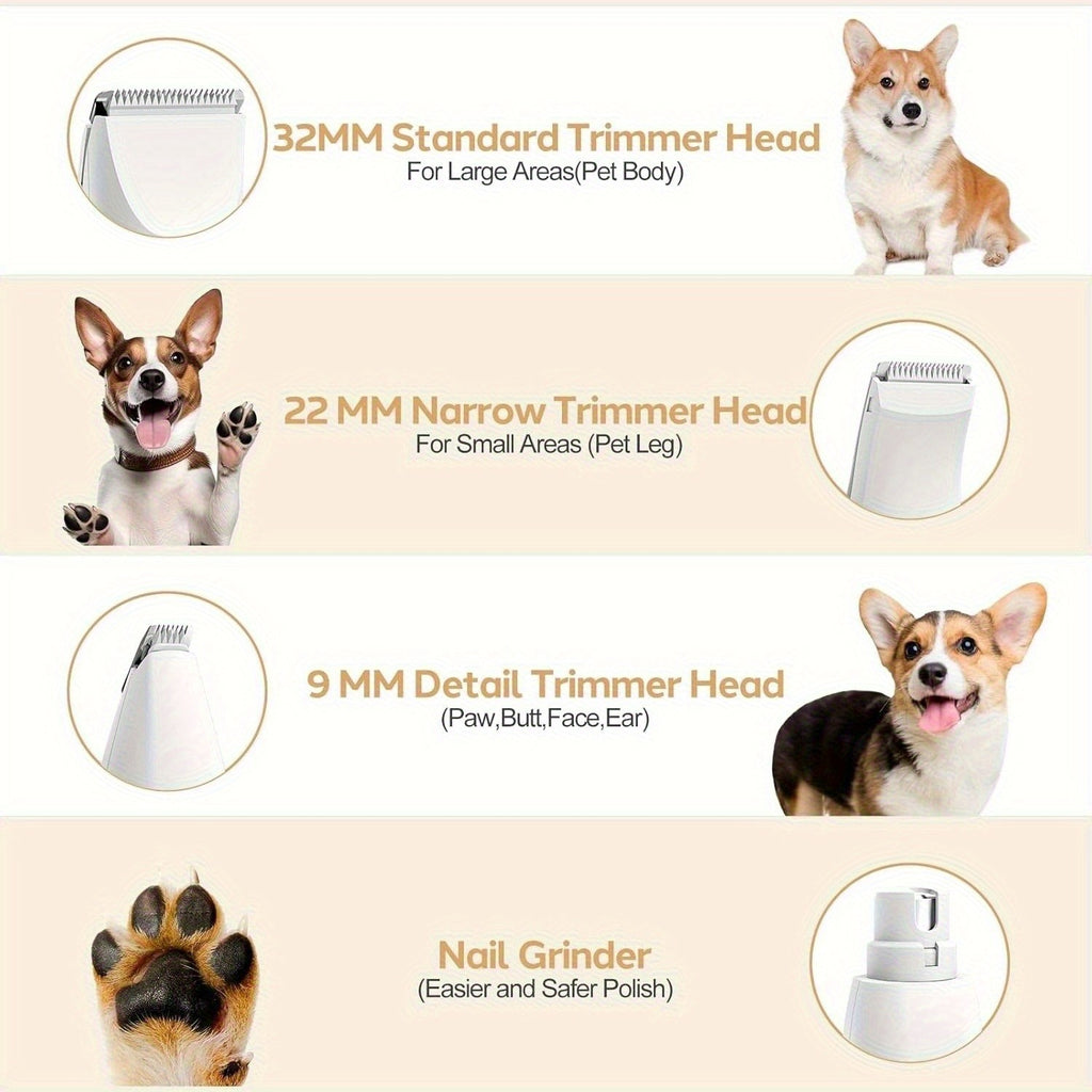 Dog Paw Trimmer and Nail Grinder Set, Rechargeable Cordless Low-Noise Pet Hair Clippers with Interchangeable Heads for Cats and Dogs