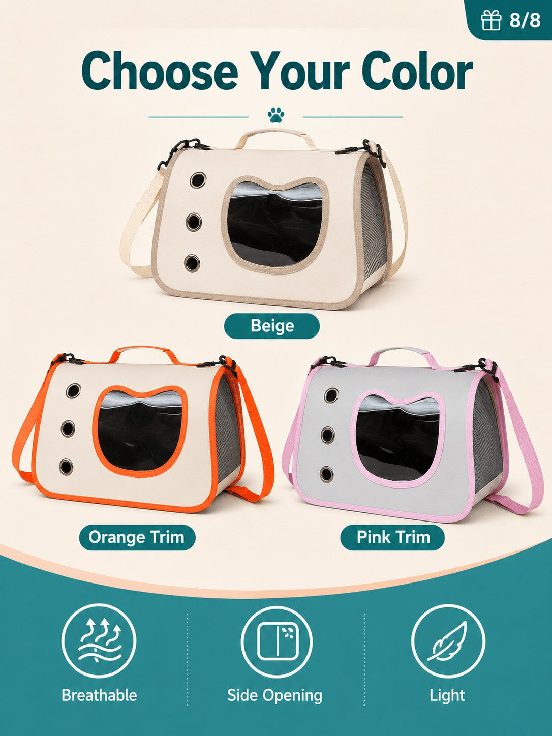 Pet Carrier Bag with Side Opening for Cats and Dogs, Soft-Sided Breathable Travel Tote for Handheld and Shoulder Carry, Off-White, Orange or Pink