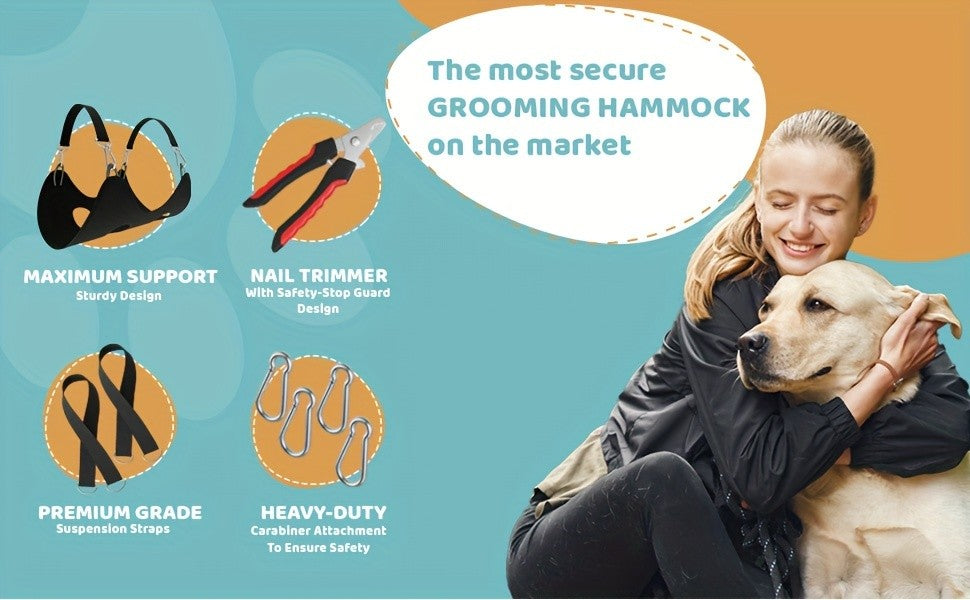 Dog Grooming Hammock with Nail Trimmer for Small to Large Dogs, Sturdy & Safe Grooming Harness Sling with Durable Carabiner Clips & Straps for At-Home Nail Trimming, Bathing & Coat Care, XS-L