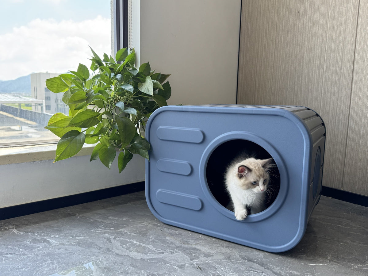 Blue Resin Cat House for Indoor and Outdoor Use, Easy-to-Assemble and Easy-to-Clean Pet Resting Shelter, 20.83 x 14.21 x 15.91 Inches