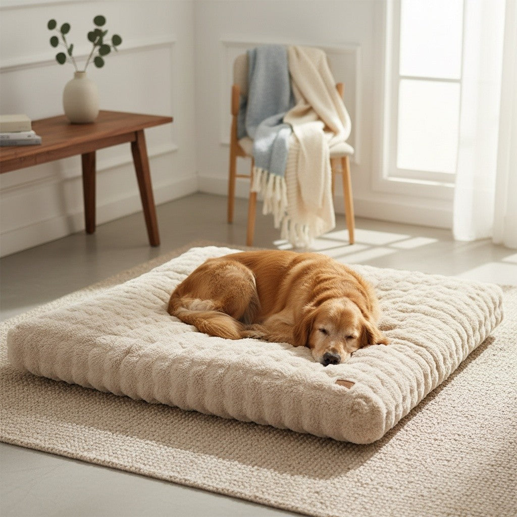 Foam Dog Bed with Waffle-Textured Removable Cover, Polyester Pet Crate Mat in Medium to 3XL Sizes for Indoor Rest, Grey or Khaki and Beige