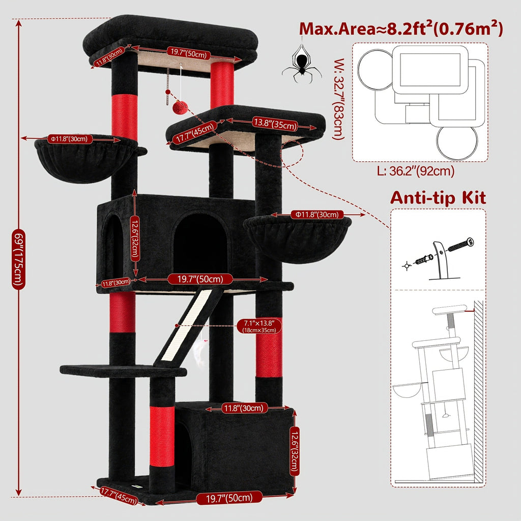 Large Cat Tree with Hammock, 69 Inch Indoor Cat Tower with Spacious Platform, 5 Scratching Posts and Sisal Scratching Board for Adult Cats