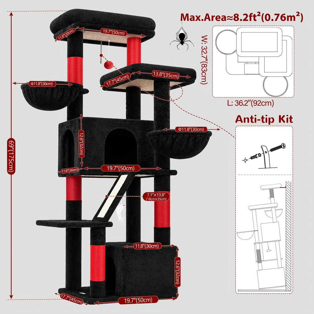 Large Cat Tree with Hammock, 69 Inch Indoor Cat Tower with Spacious Platform, 5 Scratching Posts and Sisal Scratching Board for Adult Cats