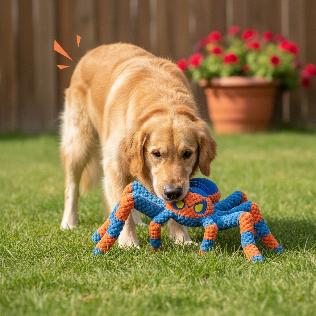 Spider Dog Toy with Squeaker and Crinkle Legs, Interactive Plush Tug of War Toy for Large Dogs, Red or Blue Halloween Pet Gift