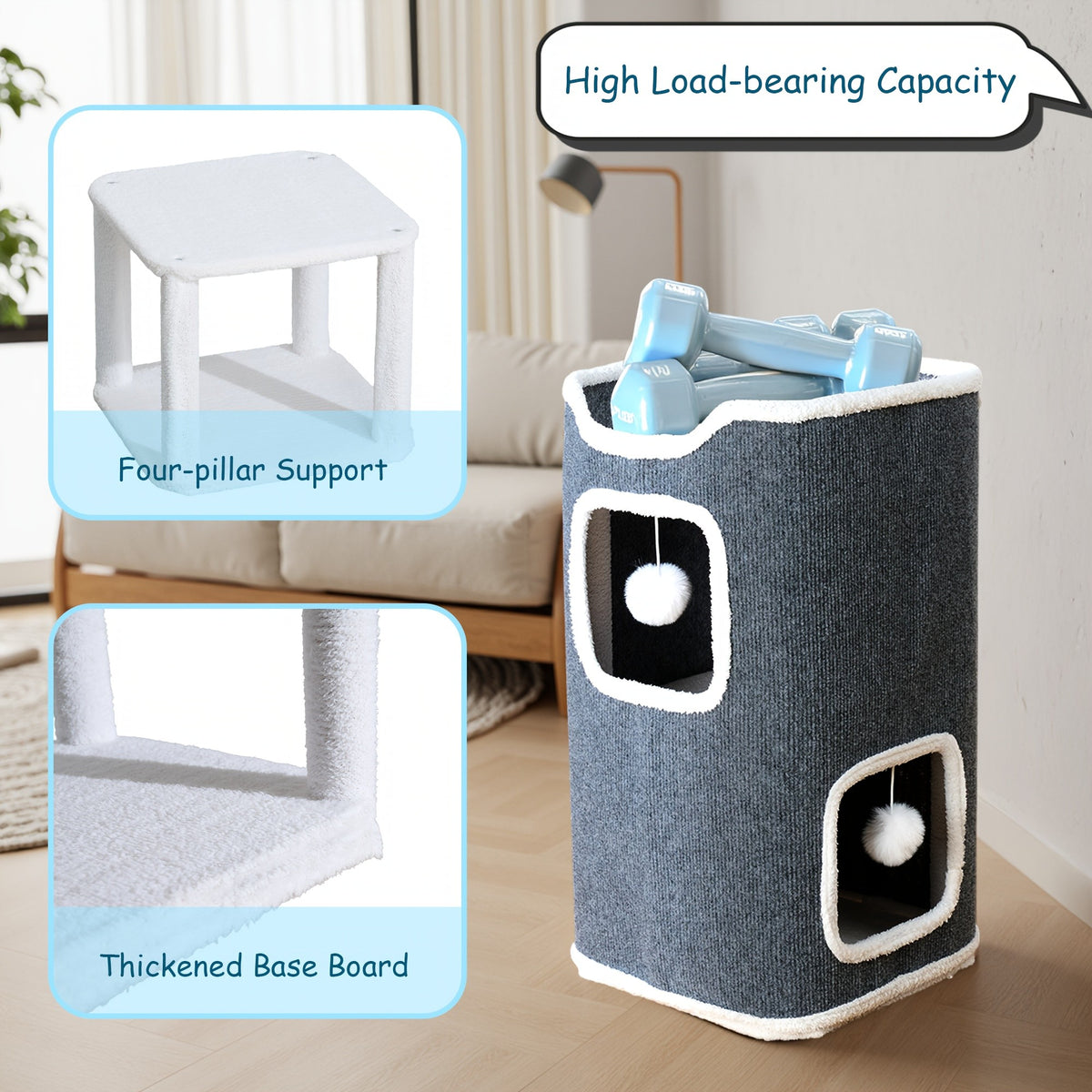 Cat Hideaway Tower with Felt Exterior and Particle Board Frame, Indoor Cat Condo Furniture in One, Three or Four Layers with Optional Bell Ball Bundles