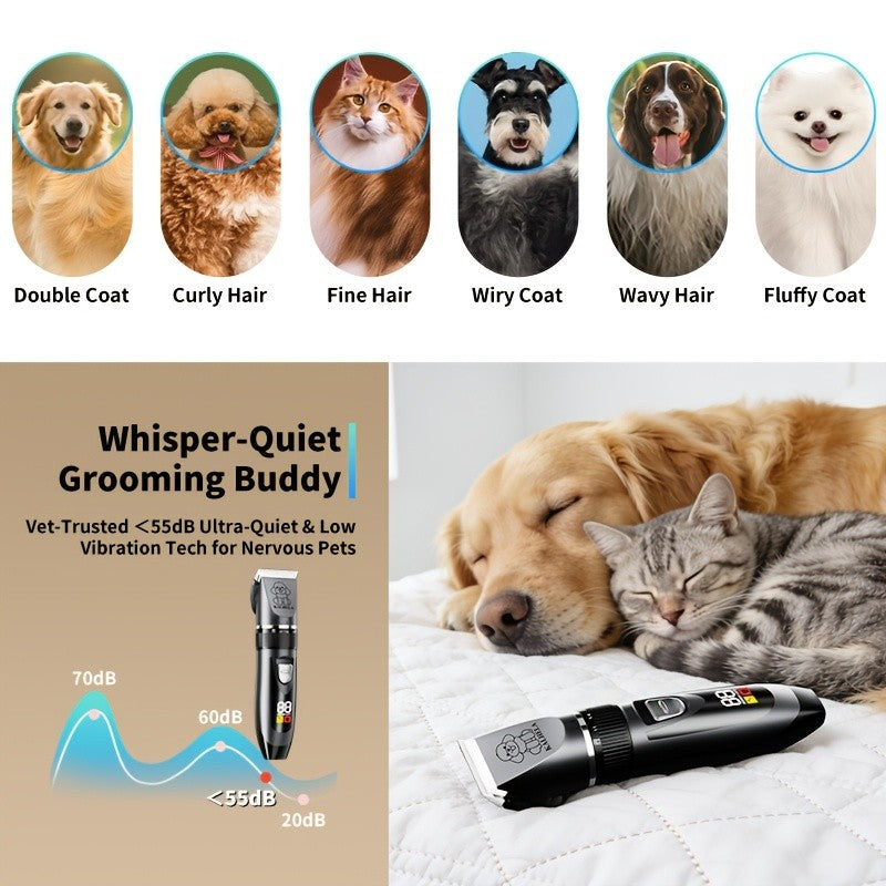 Rechargeable Dog Grooming Clippers Kit, Cordless Low-Noise Pet Hair Trimmer with Scissors and Comb for Small and Large Dogs and Cats