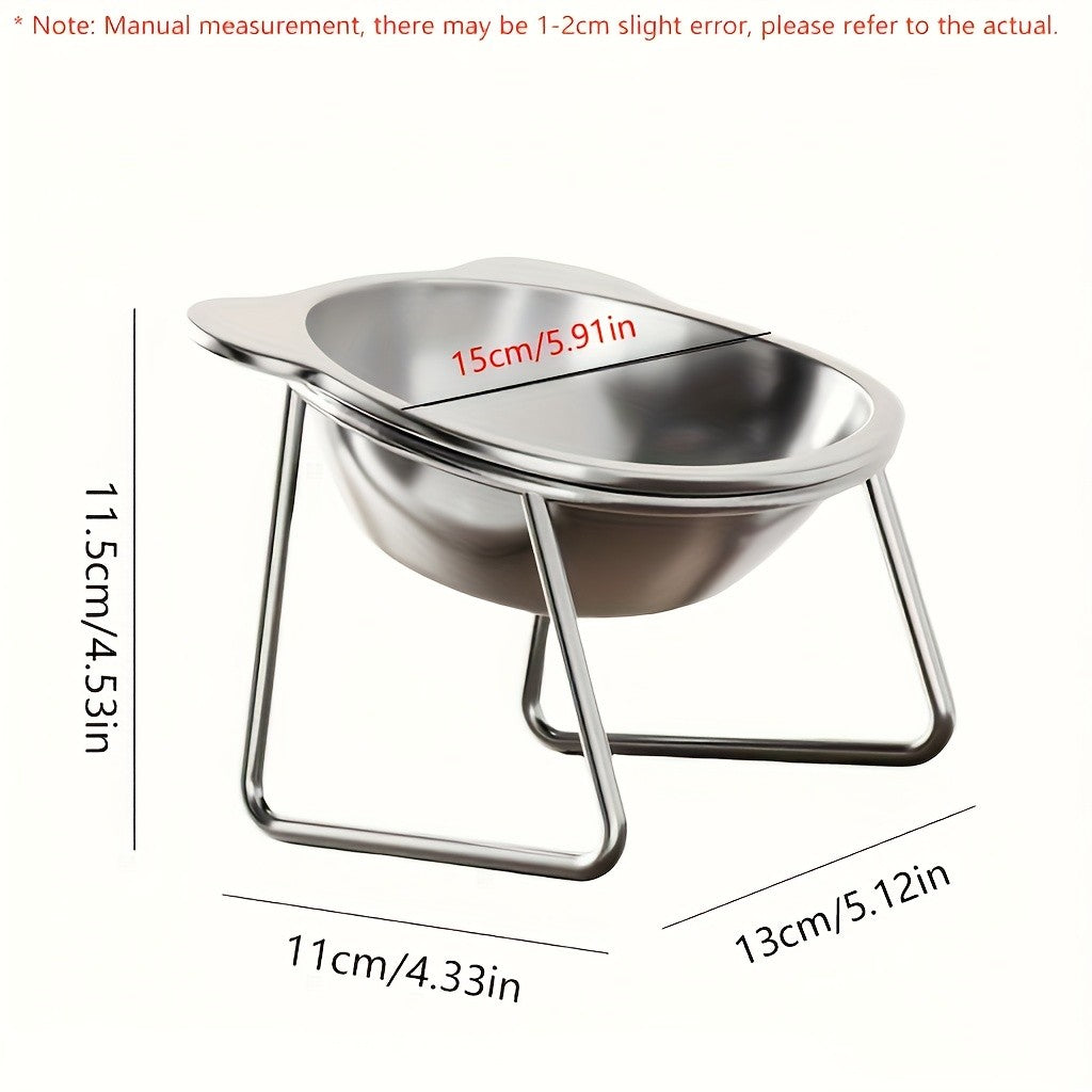 Tilted Cat Bowl with Metal Stand, 304 Stainless Steel Raised Feeding Dish with Cat-Ear Rim and 15 Degree Angle for Everyday Indoor Cat Meals