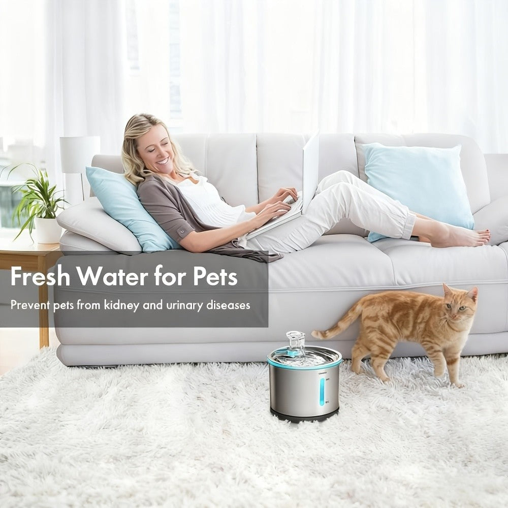 Stainless Steel Cat Water Fountain 50oz 1.5L, NPET WF210 Quiet Pet Drinking Dispenser with LED Water Level Window and Filter Bundle Options