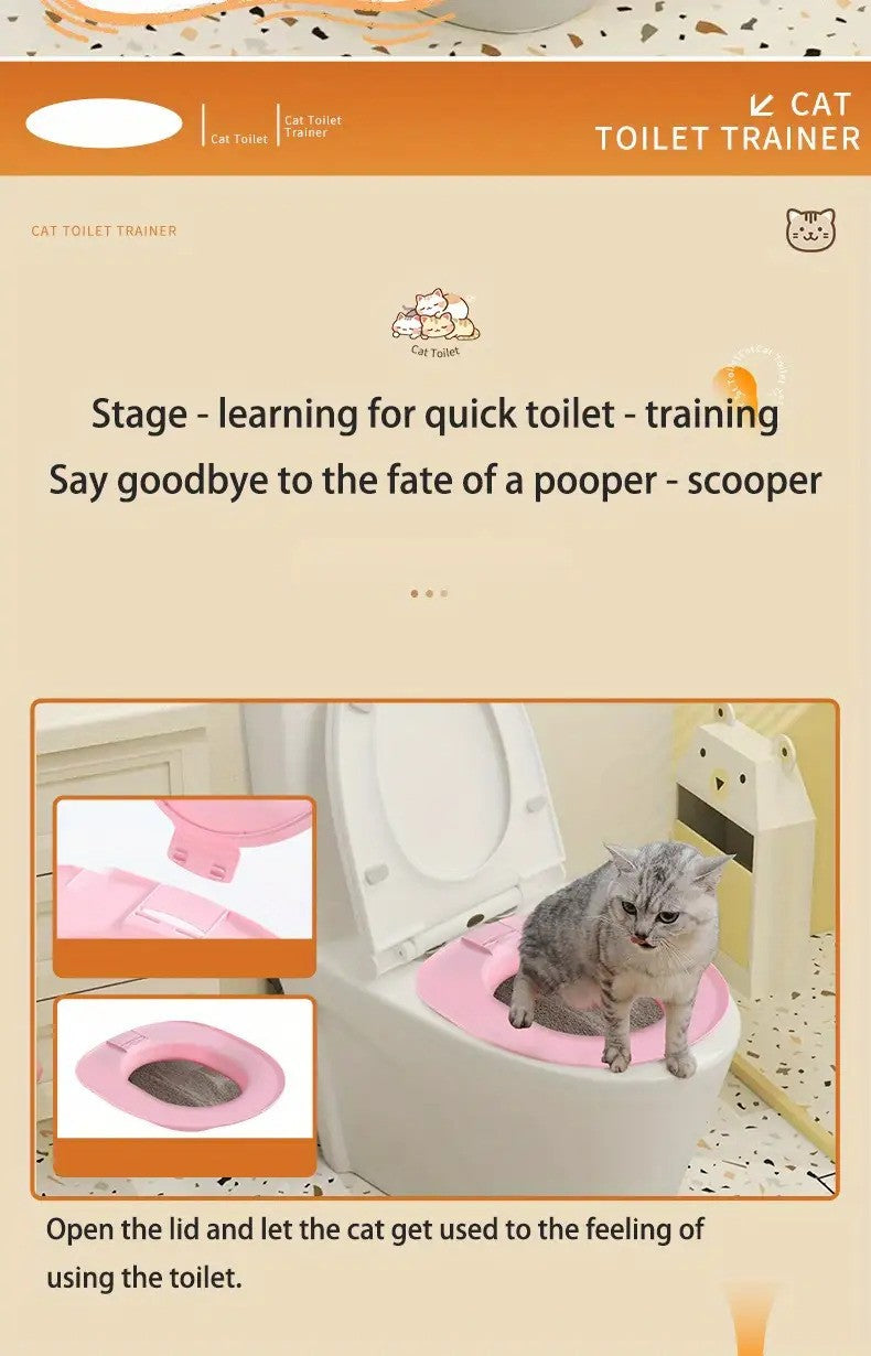 Cat Toilet Training Seat with Oval Design, Easy-Clean Bathroom Training Tray in Pink, Blue or Yellow with Two Toilet Stickers per Selected Color Option
