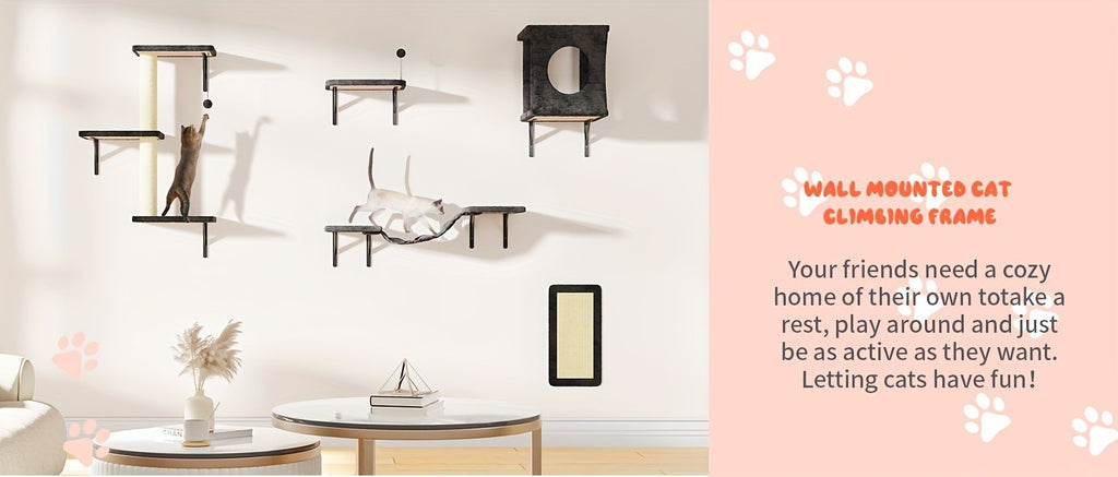 5-Piece Cat Wall Shelves Set with House, Bridge Hammock, Scratching Post and Pad, Wall-Mounted Indoor Climbing Furniture in Grey or Beige
