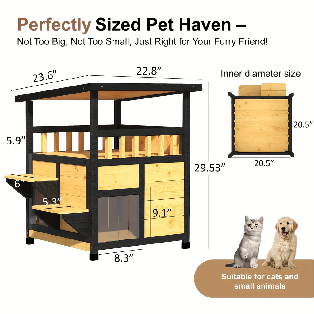 Two-Story Wooden Cat House in Yellow and Black, Indoor Pet Shelter and Apartment for Everyday Rest, Listed for Small and Medium Pets